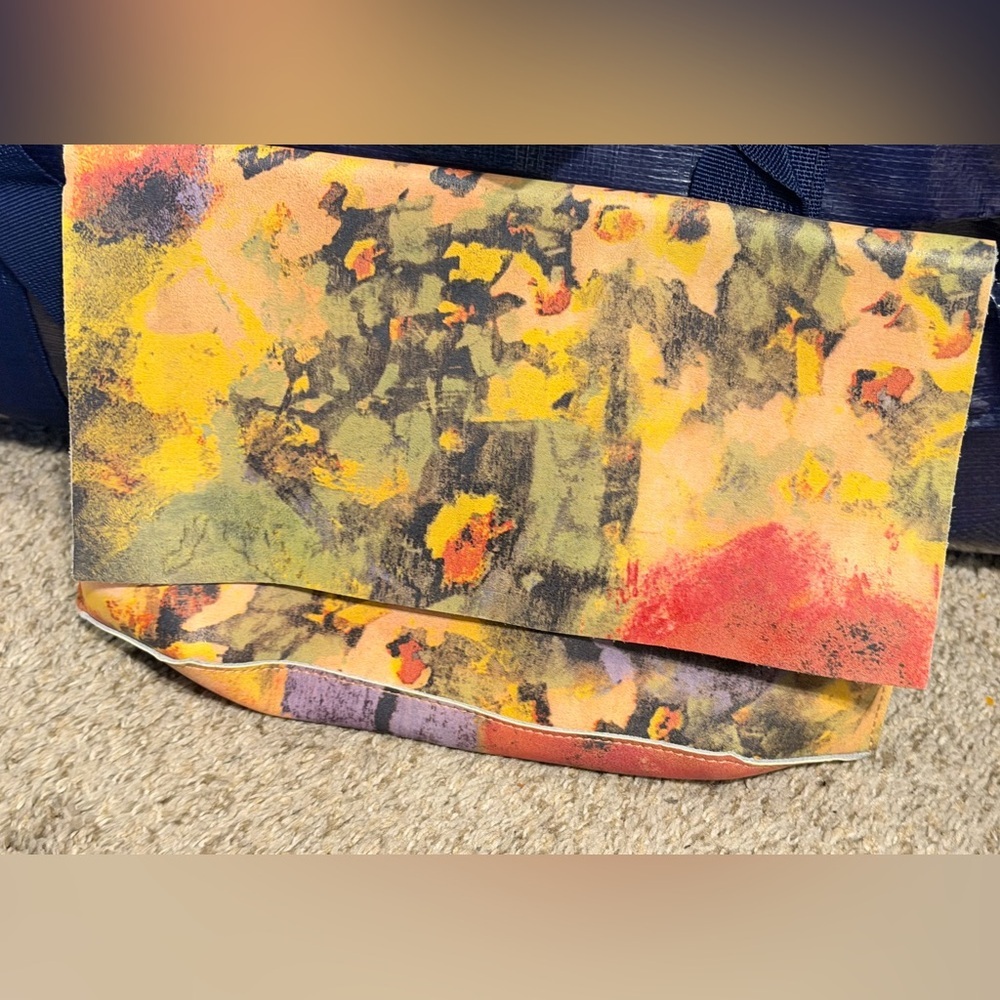 Anthropologie Abstract Floral Leather Clutch Bag in Yellow and Coral